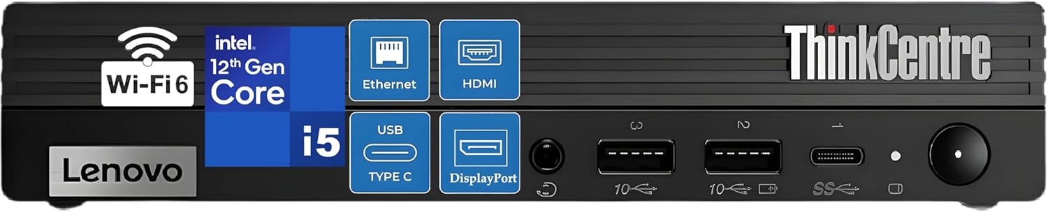 Lenovo ThinkCentre M70q Mini PC MFF, 8GB DDR4 RAM, 512GB PCIe SSD, Intel 6-Core i5-12500T, Tiny 1L Desktop Computer with Office 365, WiFi 6, BT 5.1, Display Port, HDMI, Jet Black, Windows 11 Pro