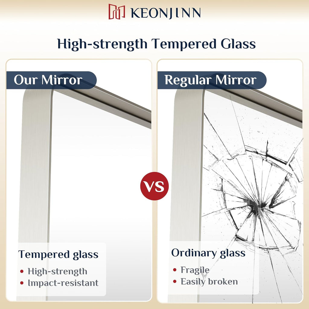 Keonjinn 48 x 36 Brushed Nickel Bathroom Vanity Mirror, Large Rounded Rectangle Bathroom Mirrors for over Sink, Metal Framed Silver Mirror for Wall, Shatterproof HD Tempered Glass(Horizontal/Vertical)