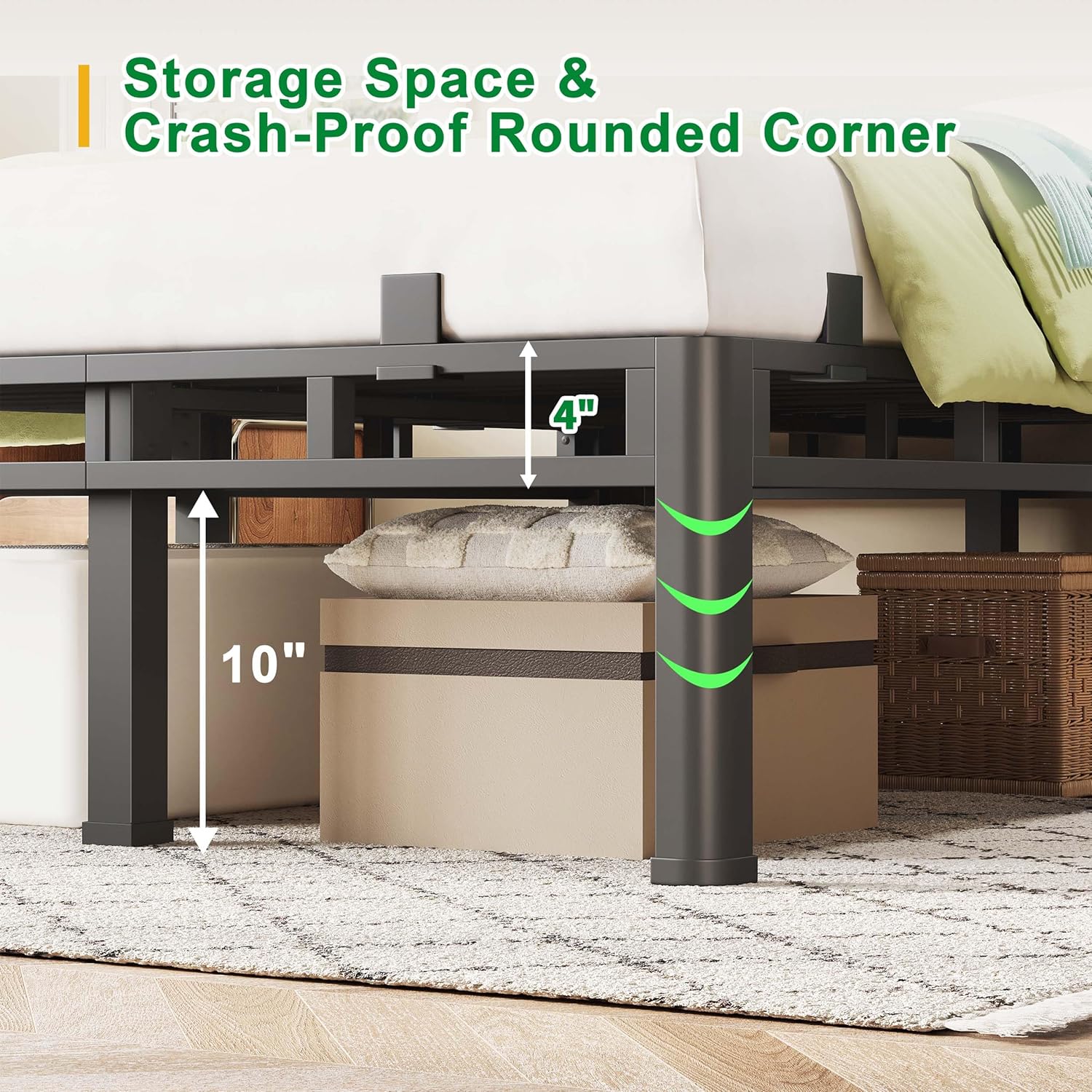 ROIL 14 Inch Queen Bed Frame, Double Layer Metal Bed Frame with Round Corner Legs, 4000LBS Bed Frame & Box Spring 2 in 1 Platform with Headboard Holes Mattress Baffles, Noise-Free Easy Assembly