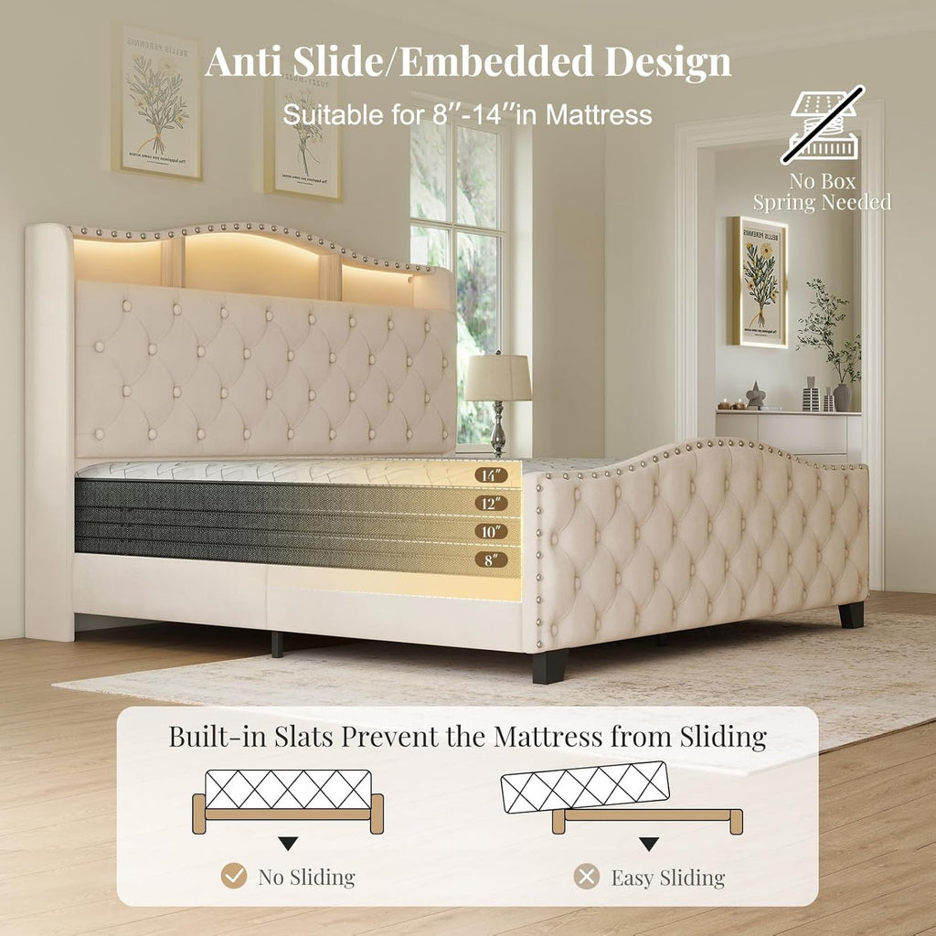 Belffin Queen Size Bed Frame and Headboard, 50.9" Velvet Upholstered Wingback Bedframe with LED Lights & Storage/Charging Station, Button Tufted Tall Footboard, No Box Spring Needed, Noise-Free, Beige