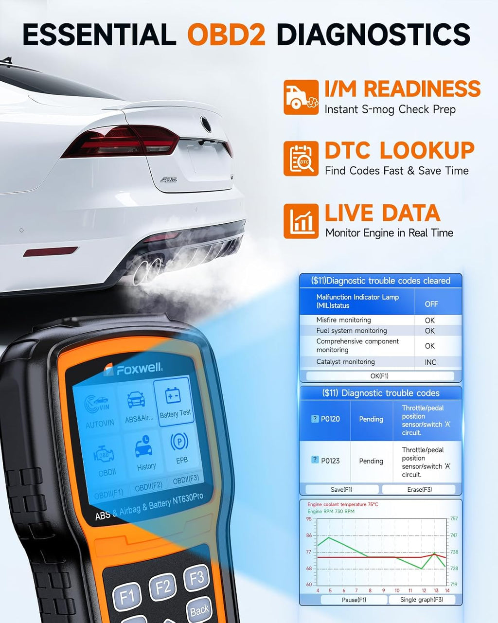 2026 2-in-1 FOXWELL NT630 Pro ABS SRS Scan Tool & Battery Tester, Upgraded from NT630 Plus, OBD2 Scanner with 12V Battery Load Analyzer(100-3000CCA), ABS Bleed, BMS/Oil/SAS/EPB Reset, Live Data