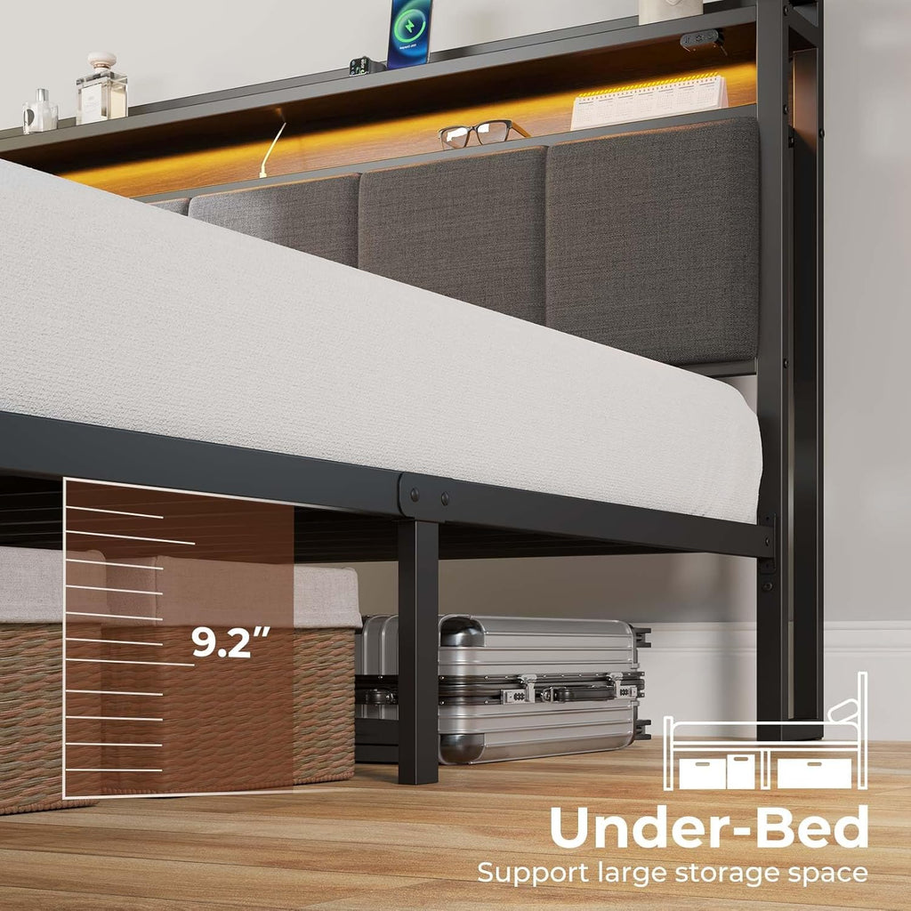 Rolanstar Bed Frame Full Size with Charging Station and LED Lights, Upholstered Headboard with Storage Shelves, Heavy Duty Metal Slats, No Box Spring Need, Noise Free, Easy Assembly, Grey