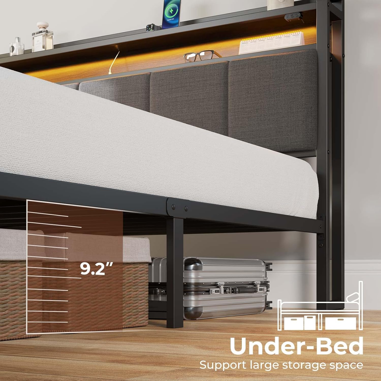 Rolanstar Bed Frame Full Size with Charging Station and LED Lights, Upholstered Headboard with Storage Shelves, Heavy Duty Metal Slats, No Box Spring Need, Noise Free, Easy Assembly, Grey