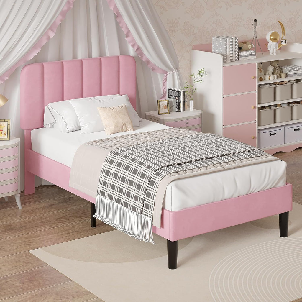 VECELO Twin Size Bed Frame with Upholstered Headboard, Velvet Platform Bedframe Mattress Foundation, Strong Wood Slat Support, No Box Spring Needed,Pink