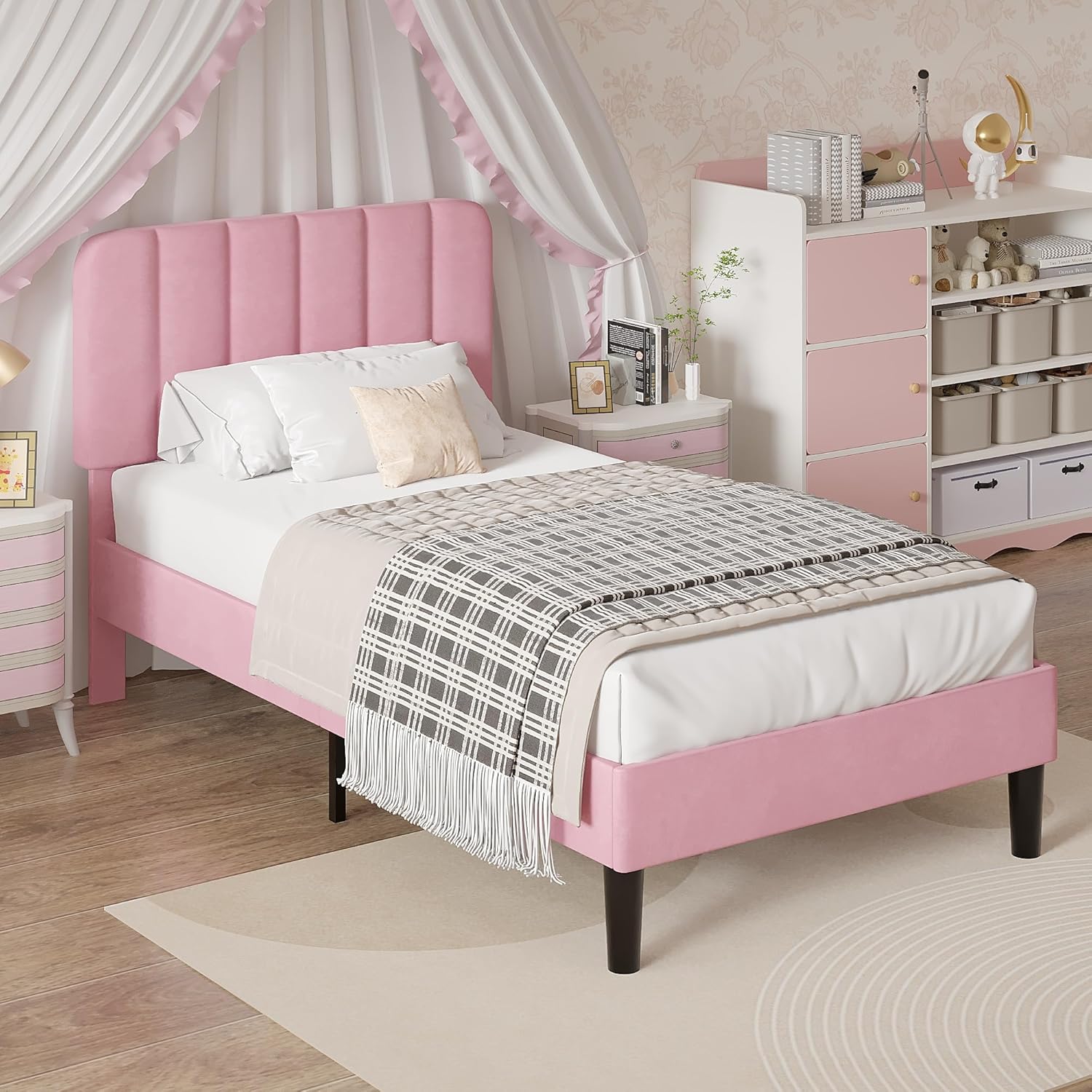 VECELO Twin Size Bed Frame with Upholstered Headboard, Velvet Platform Bedframe Mattress Foundation, Strong Wood Slat Support, No Box Spring Needed,Pink