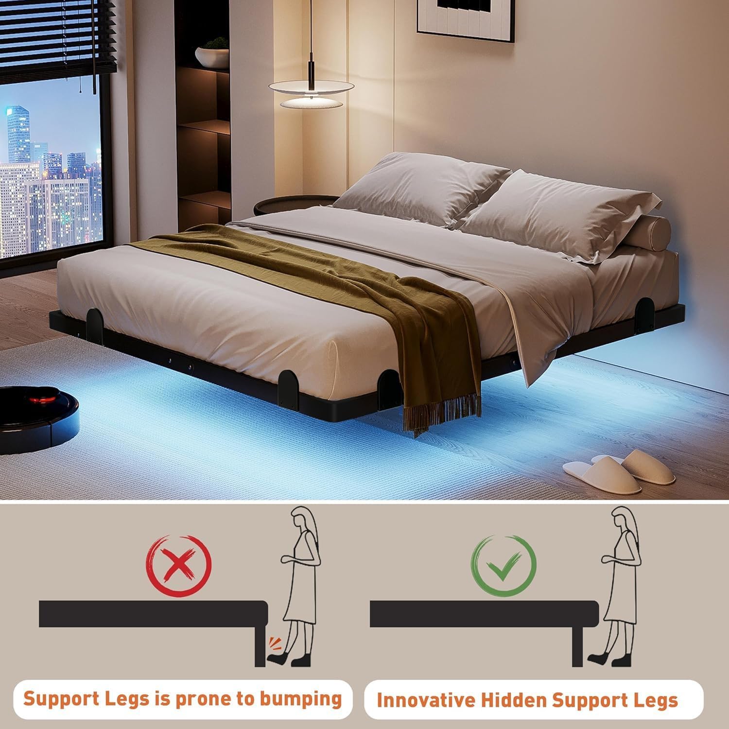 qimamo 14 Inch Floating King Bed Frame with Smart LED Lights and Charging Station, Modern Metal King Bed Frame, Easy to Assemble, No Box Spring Needed