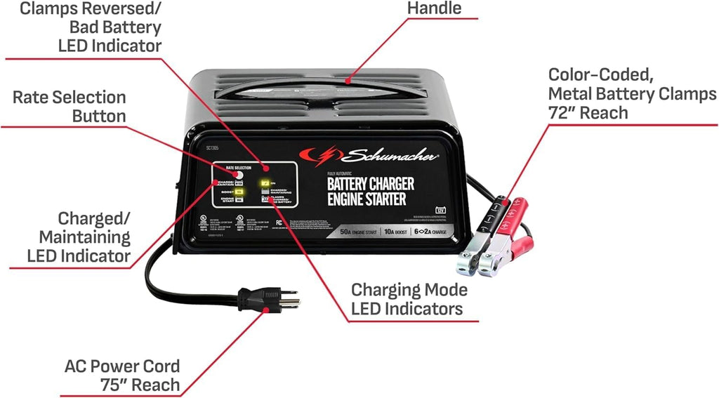 Schumacher Electric 6A Car Battery Charger and 50A Engine Starter, 3-in-1 Solution, Maintainer, 10A Boost, for 12V Power Sport, Automotive, and Marine Batteries, SC1305