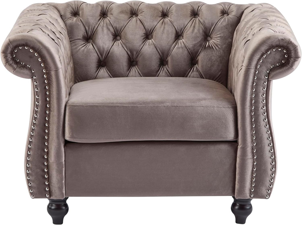 Christopher Knight Home Kitty Chesterfield Club Chair with Solid Wood Frame, Velvet Upholstered Living Room Chair, Button-Tufted Diamond Stitch Single Sofa, Nailhead Accent, Black + Dark Brown