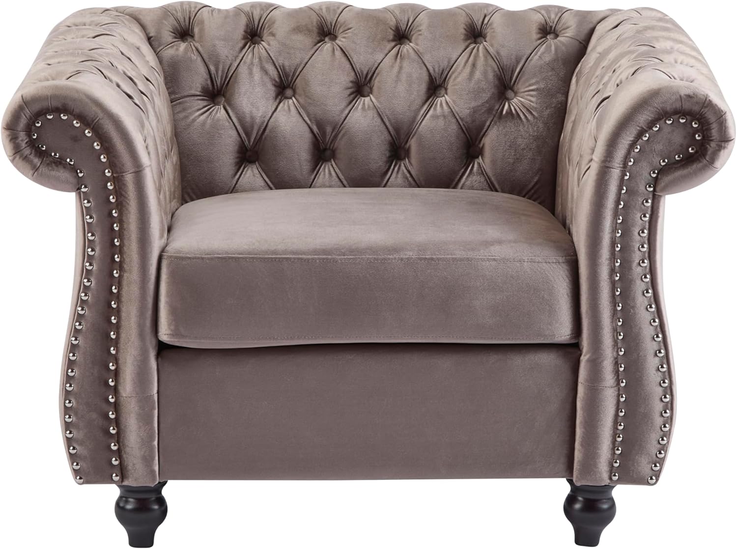 Christopher Knight Home Kitty Chesterfield Club Chair with Solid Wood Frame, Velvet Upholstered Living Room Chair, Button-Tufted Diamond Stitch Single Sofa, Nailhead Accent, Black + Dark Brown