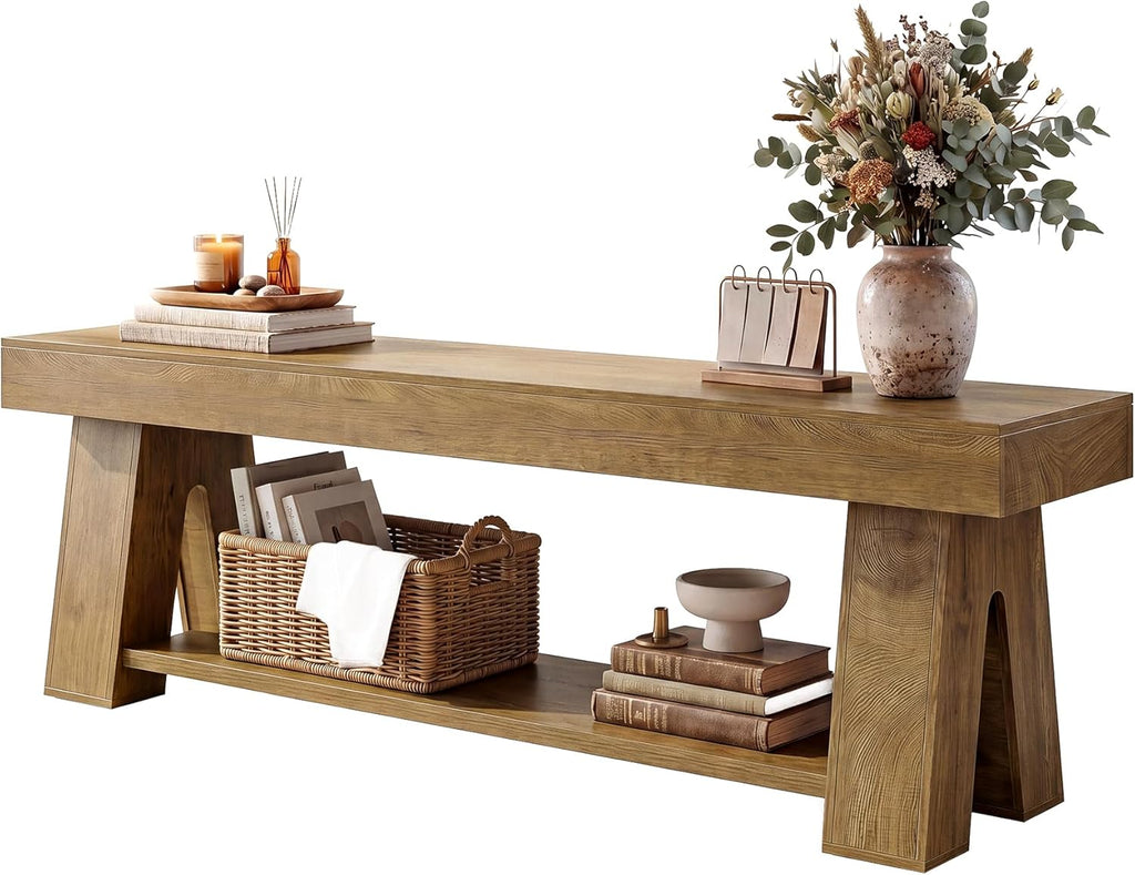 Tribesigns Wooden TV Stand for TVs up to 65'', Natural Brown Modern Entertainment Center with Lower Open Shelf, 63" Farmhouse TV Media Console for Living Room, Bedroom or Home Office