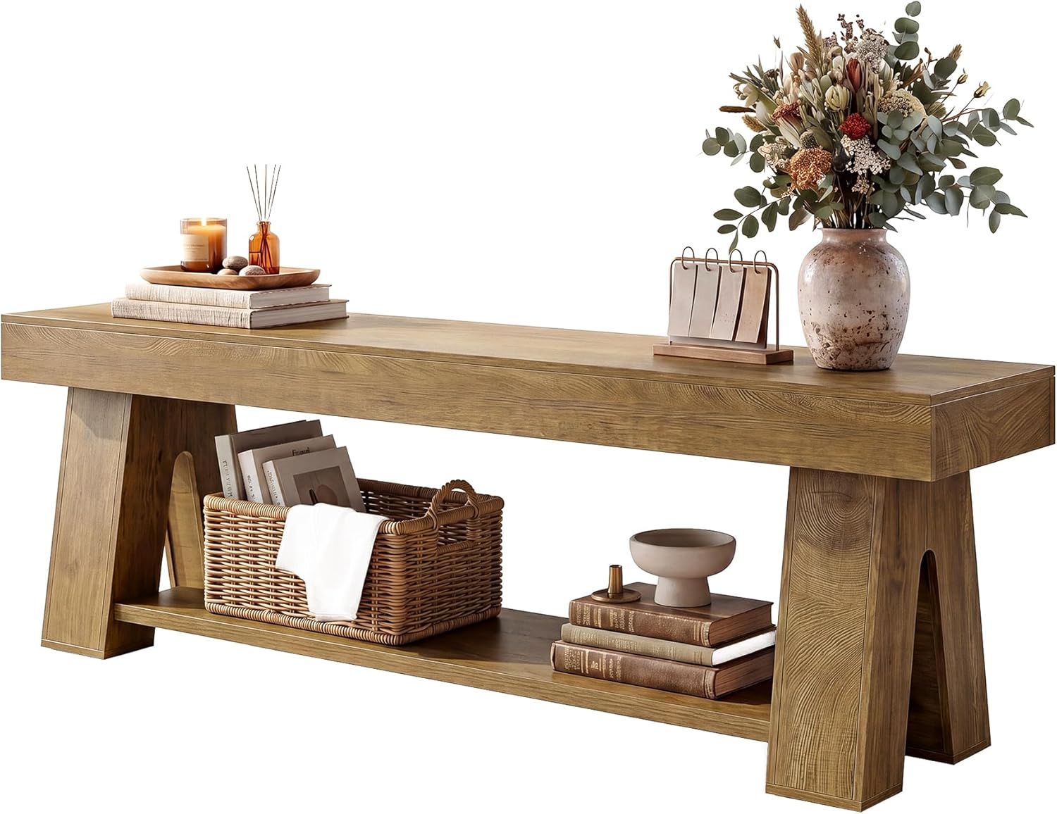 Tribesigns Wooden TV Stand for TVs up to 65'', Natural Brown Modern Entertainment Center with Lower Open Shelf, 63" Farmhouse TV Media Console for Living Room, Bedroom or Home Office