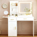 ERLEJIA Vanity Desk with Mirror and Lights, 39.37" Makeup Desk with Power Outlet, 4 Drawers and Open Shelves Makeup Vanity with Extral Foldable Desk for Bedroom, White