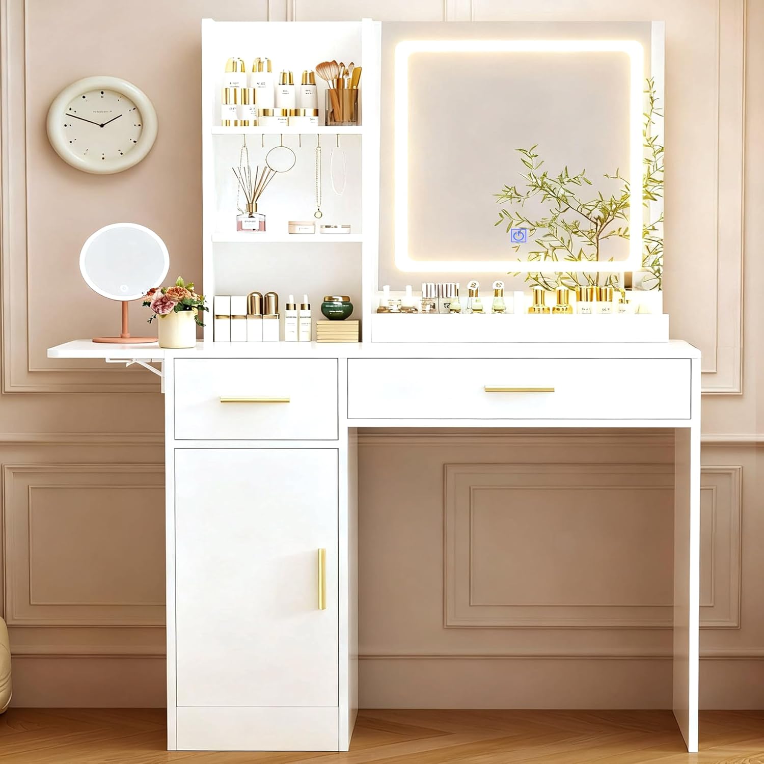 ERLEJIA Vanity Desk with Mirror and Lights, 39.37" Makeup Desk with Power Outlet, 4 Drawers and Open Shelves Makeup Vanity with Extral Foldable Desk for Bedroom, White