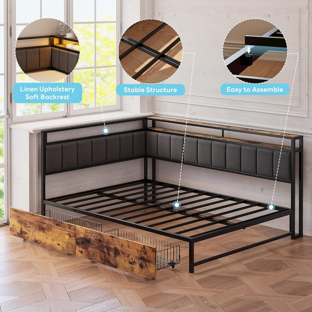 LIKIMIO Corner Bed Frame Full Daybed with Storage Drawers, Metal Platform Bed Frame with LED Light, Charging Station & Fabric Upholstered Fence, Black