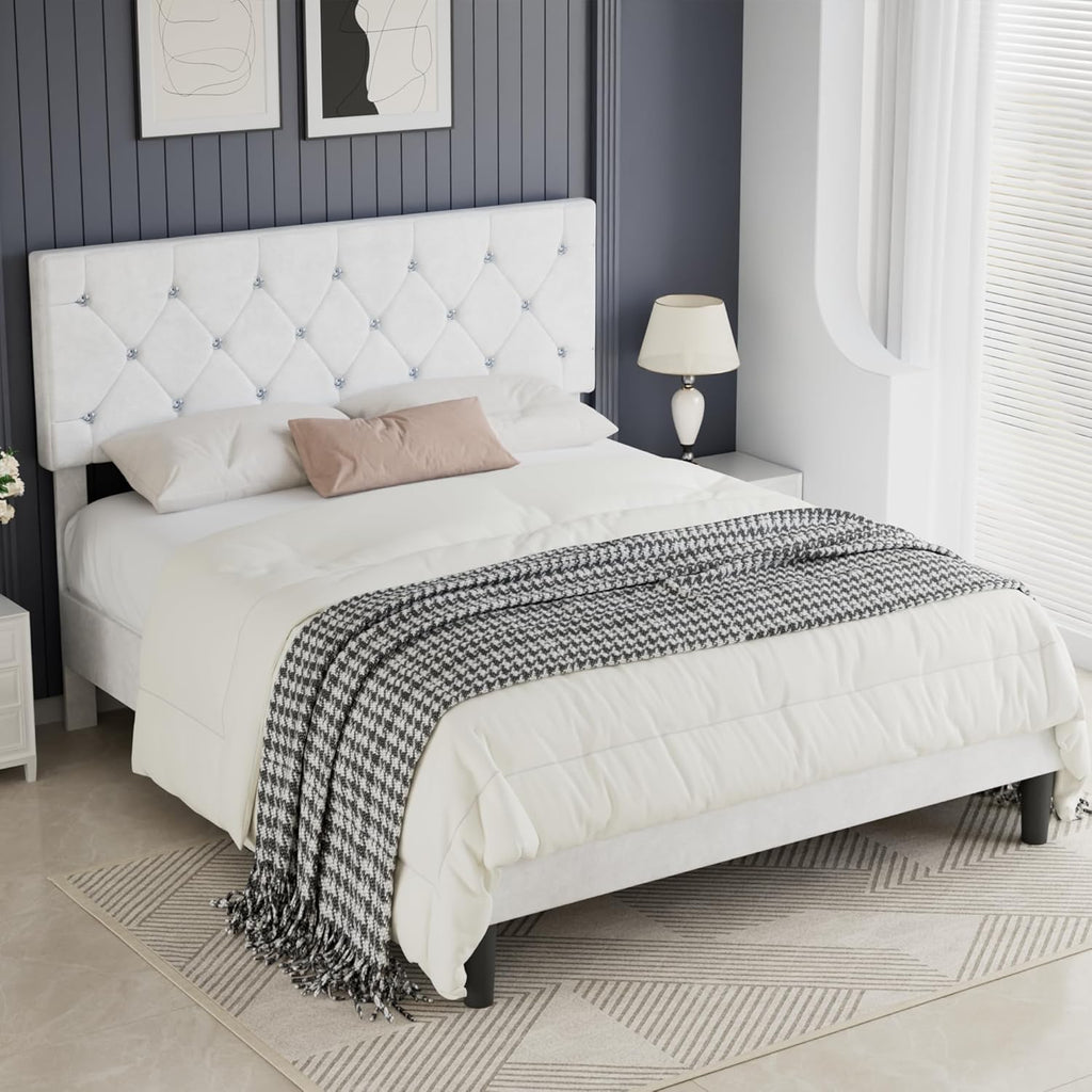 VECELO Full Size Bed Frame with Diamond Tufted Headboard, Upholstered Platform Bedframe with Wood Slat Support, No Box Spring Needed, Velvet & White