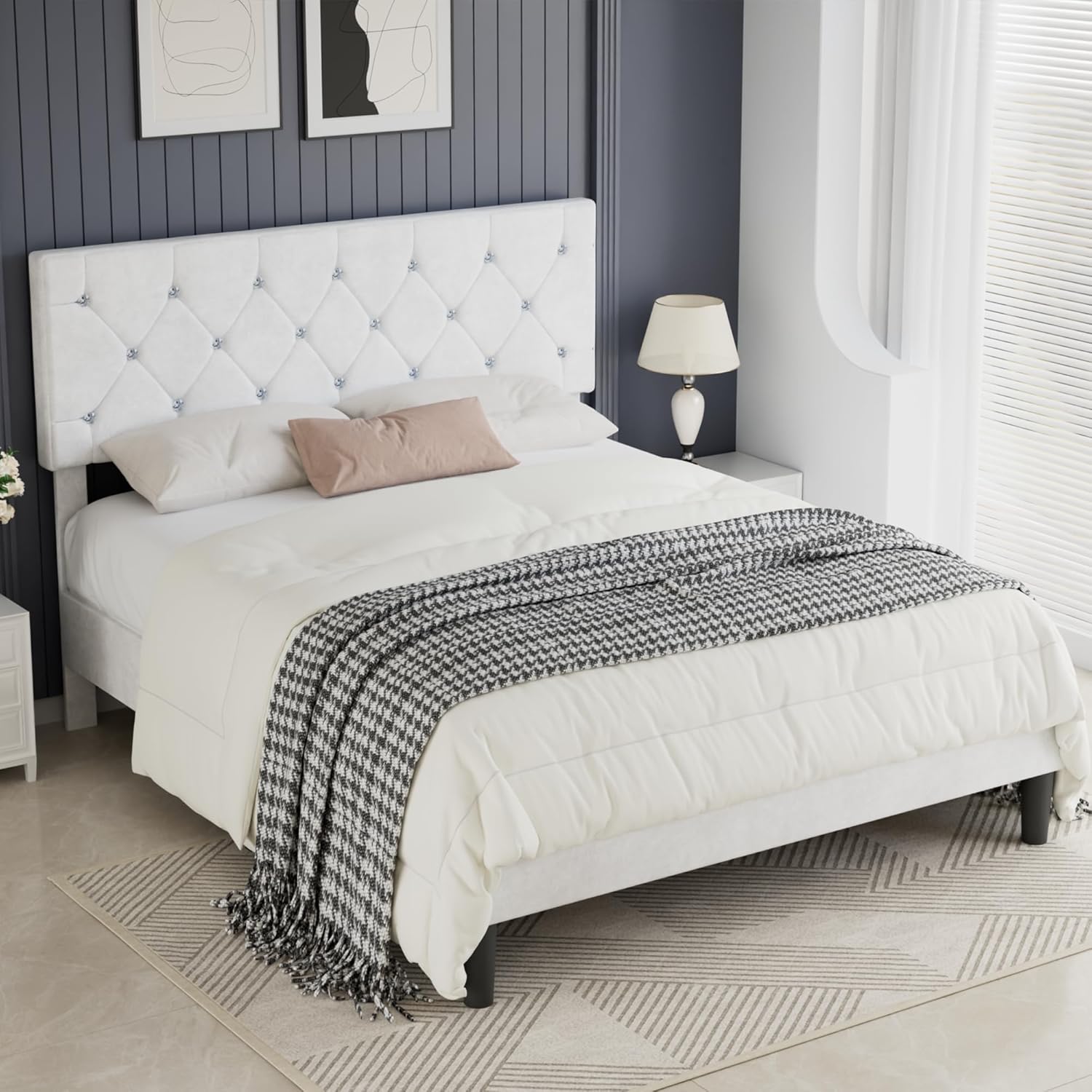 VECELO Full Size Bed Frame with Diamond Tufted Headboard, Upholstered Platform Bedframe with Wood Slat Support, No Box Spring Needed, Velvet & White
