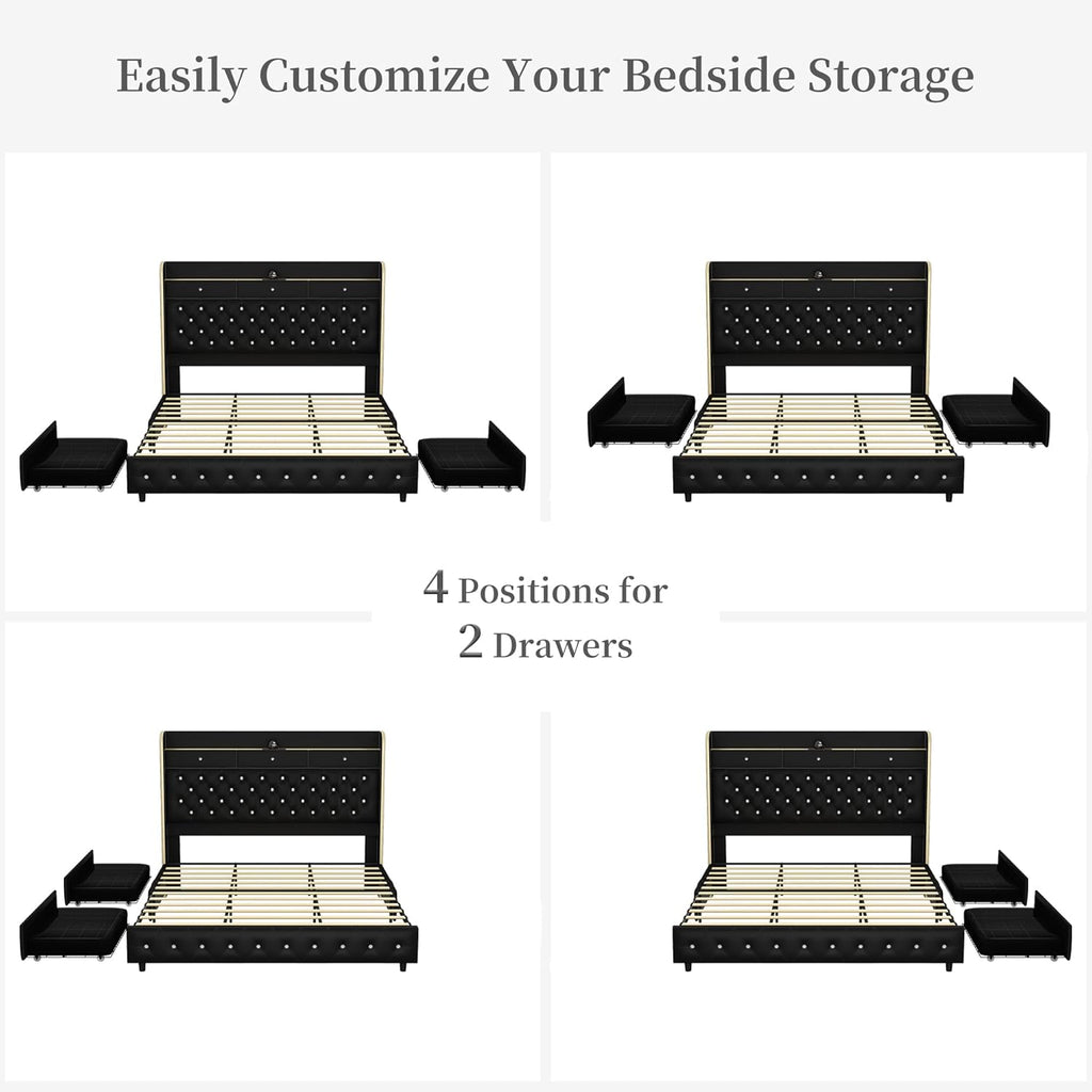 SIBEDS Queen Led Bed Frame with Galaxy Aurora Star Projector, Platform Beds with Charging Station, 52" Diamond Upholstered Wingback Bedframe with 2 Storage Drawers, No Box Spring Needed, PU Black