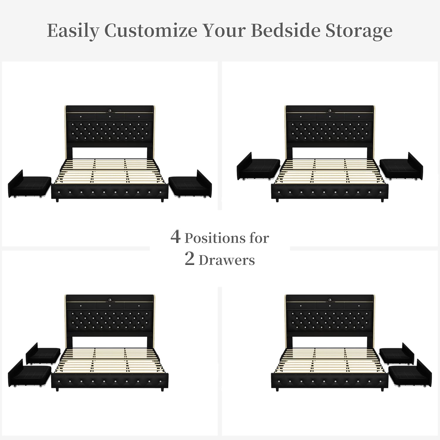 SIBEDS Queen Led Bed Frame with Galaxy Aurora Star Projector, Platform Beds with Charging Station, 52" Diamond Upholstered Wingback Bedframe with 2 Storage Drawers, No Box Spring Needed, PU Black