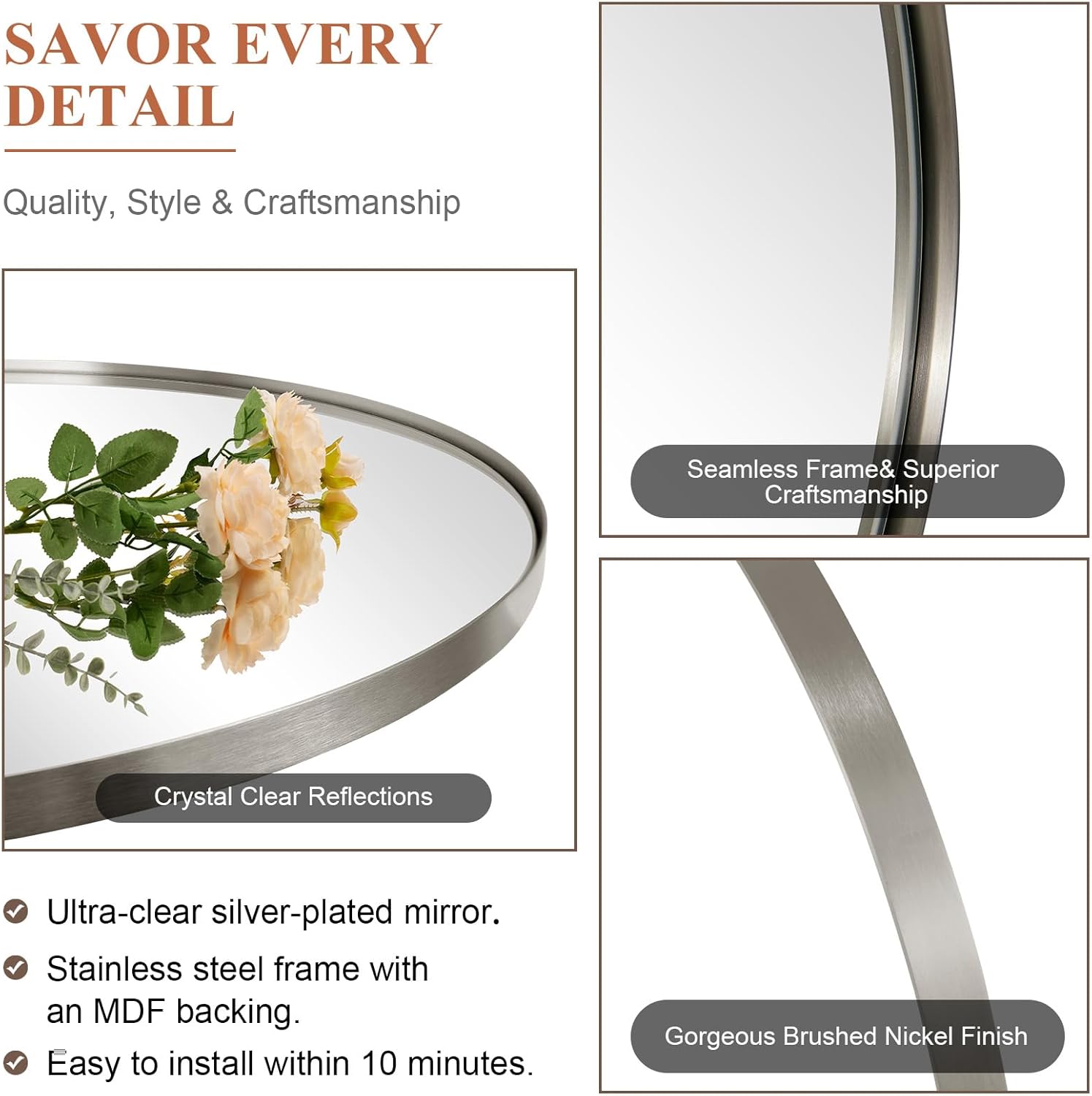 ANDY STAR Brushed Nickel Oval Mirrors for Bathroom, 22x30 Inch Silver Stainless Steel Metal Framed Oval Wall Mirror, Modern Vanity Mirror Wall Mount Horizontal or Vertical