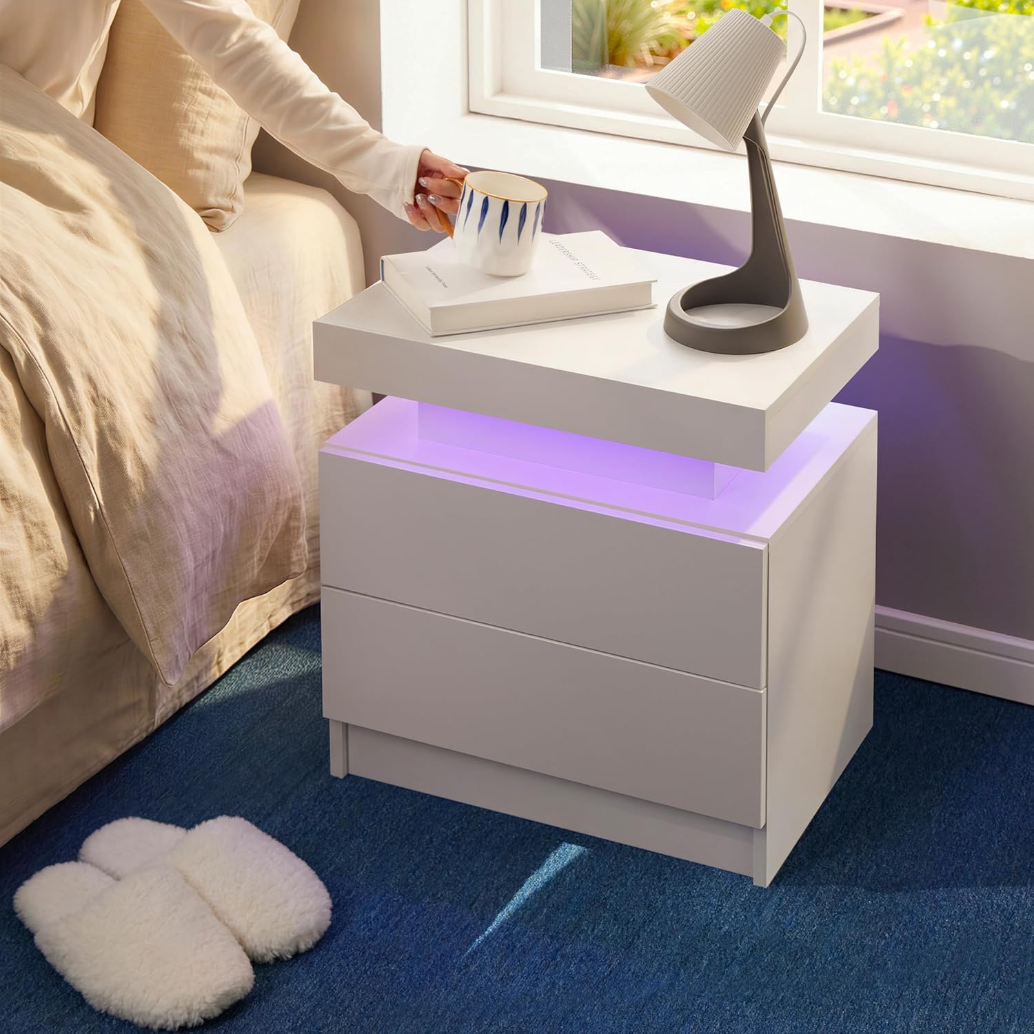 i-aplus Night Stand Set 2,LED Nightstands Set of 2,Bedside Table with Wood Drawers,Modern End Side Table for Bedroom,White