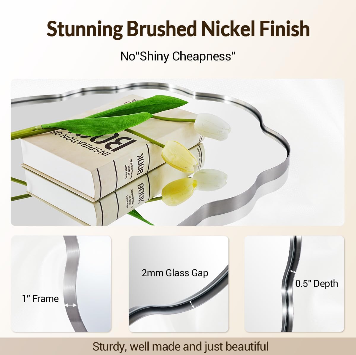 ANDY STAR Brushed Nickel Wavy Oval Bathroom Mirror, 24x36 Inch Silver Asymmetrical Wall Mirror, Unique Irregular Wall Mirror with Sophisticated Curved Design