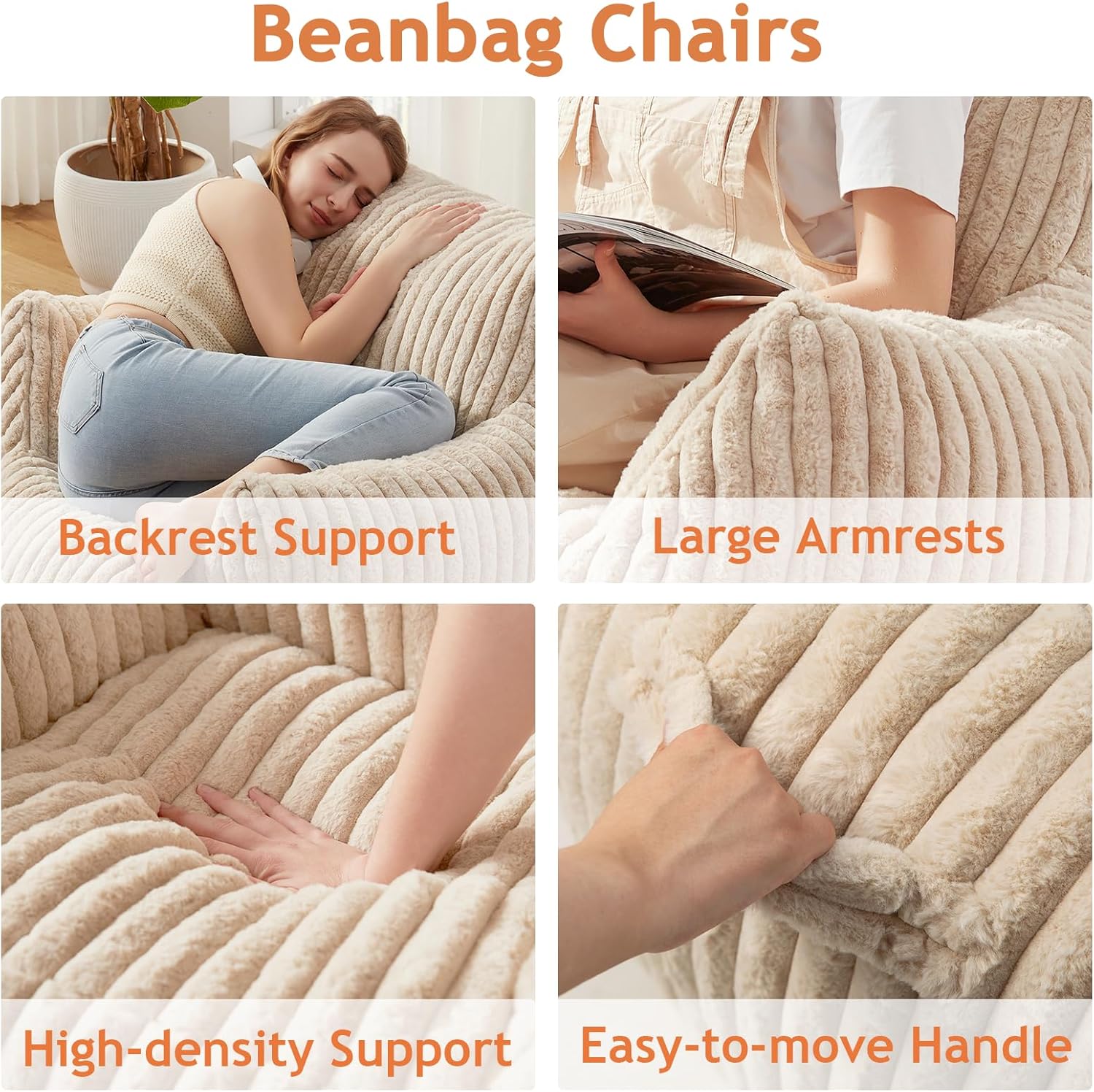 Giant Bean Bag Chairs for Adults Teens with Filling Large Fluffy Bean Bag Chair with Armrests Plush Comfy BeanBag Couch Sofa Chair for Bedroom Living Room Reading