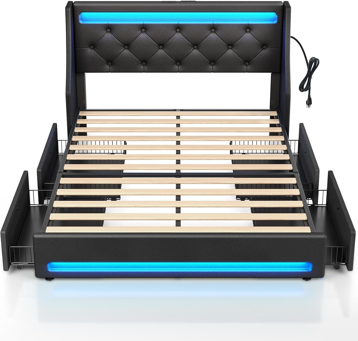 Rolanstar Queen Bed Frame with LED Lights and Charging Station, PU Leather Bed with Drawers, Wooden Slats, Noise Free, Easy Assembly, Black