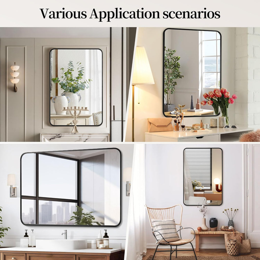 2 Pcs 24 x 36 Inch Black Metal Framed Bathroom Mirror for Wall, Rounded Rectangle Mirror Matte Black Bathroom Vanity Mirror,Anti-Rust, Hangs Horizontally or Vertically (2, Black, 24"×36")
