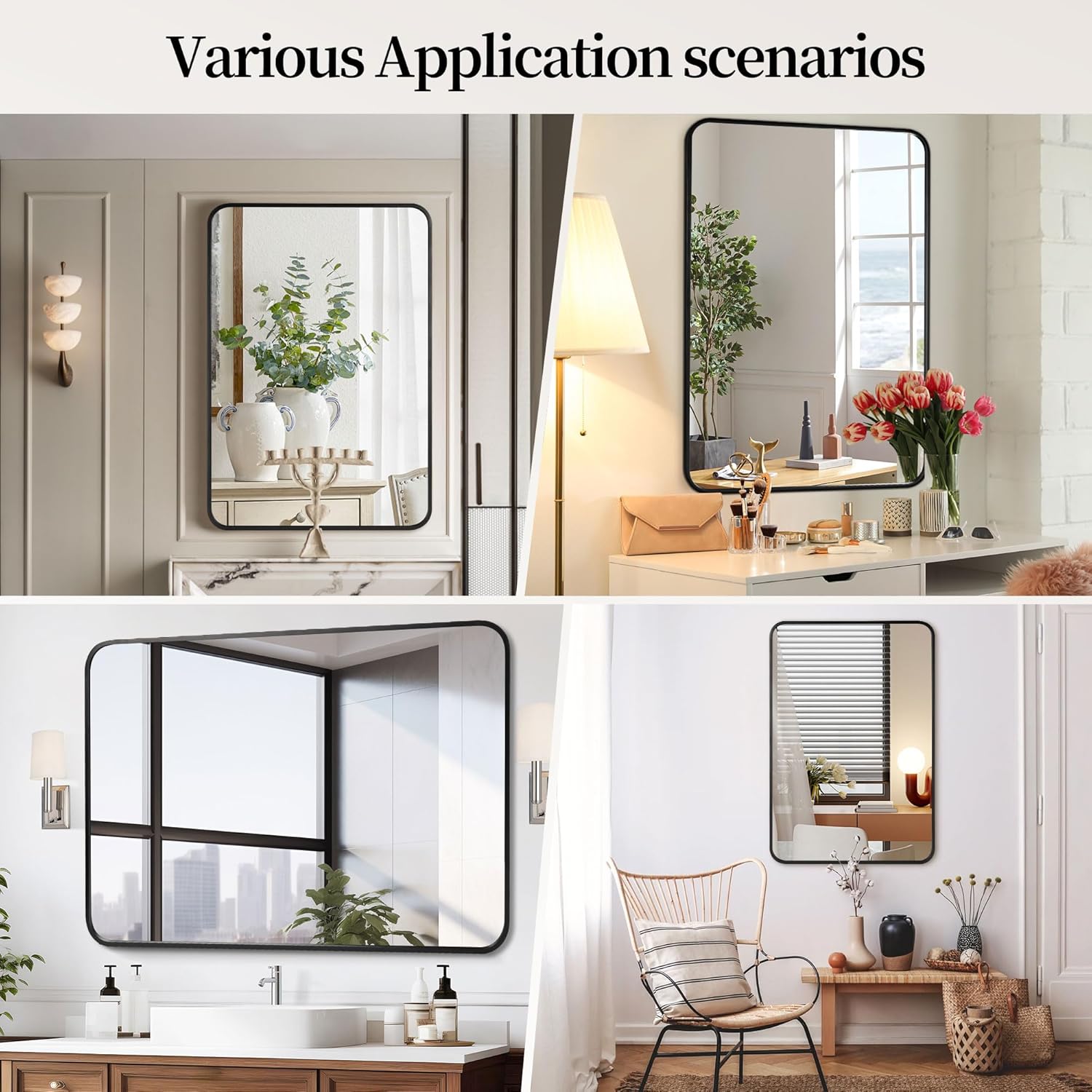 2 Pcs 24 x 36 Inch Black Metal Framed Bathroom Mirror for Wall, Rounded Rectangle Mirror Matte Black Bathroom Vanity Mirror,Anti-Rust, Hangs Horizontally or Vertically (2, Black, 24"×36")