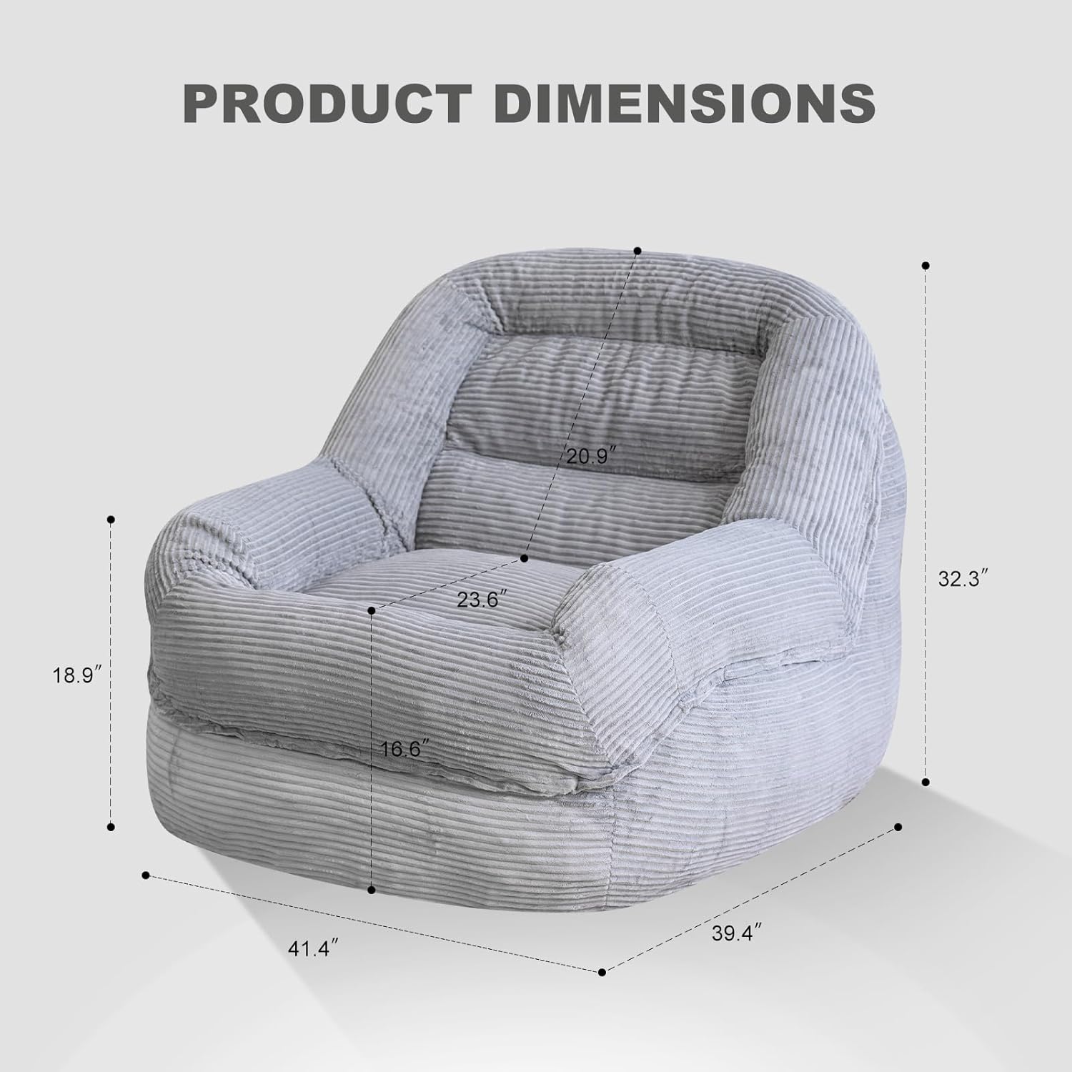 Giant Bean Bag Chair with Armrests - Oversized Cozy Seating for Adults, Corduroy Fabric & High-Resilience Foam Filling, Ideal Lounge for Living Room, Bedroom & Gaming Room (Grey)