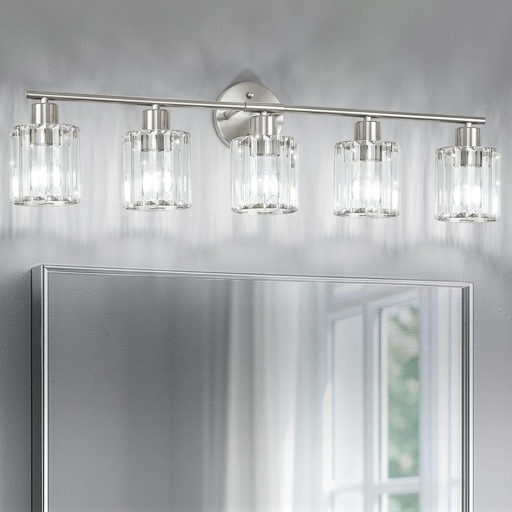 Crystal Bathroom Light Fixtures,Bathroom Lighting Fixtures Over Mirror, Modern 5-Light Brushed Nickel Vanity Lights for Mirror, Restroom,Kitchen(Ceramic E26 Socket,Bulbs Not Include)