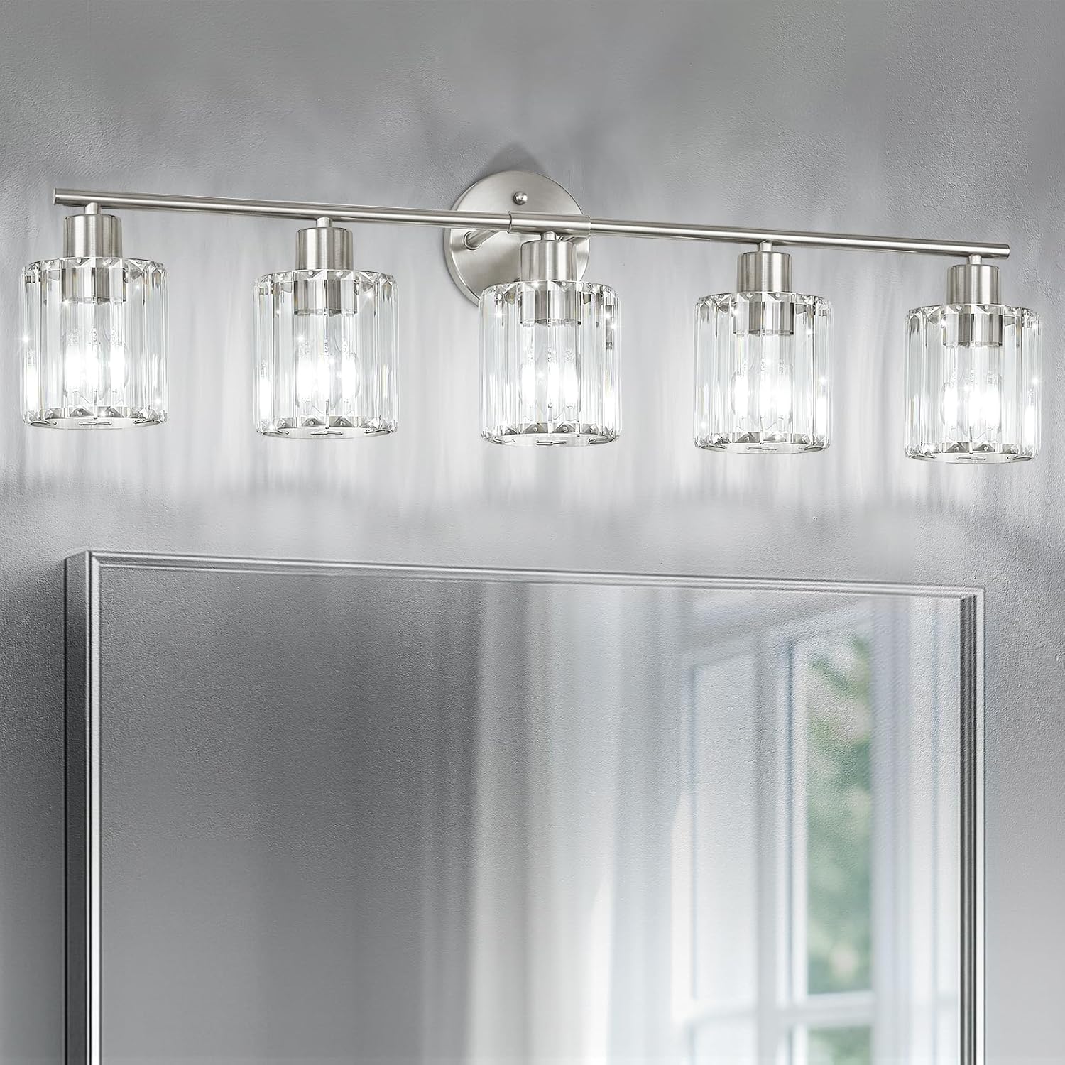 Crystal Bathroom Light Fixtures,Bathroom Lighting Fixtures Over Mirror, Modern 5-Light Brushed Nickel Vanity Lights for Mirror, Restroom,Kitchen(Ceramic E26 Socket,Bulbs Not Include)