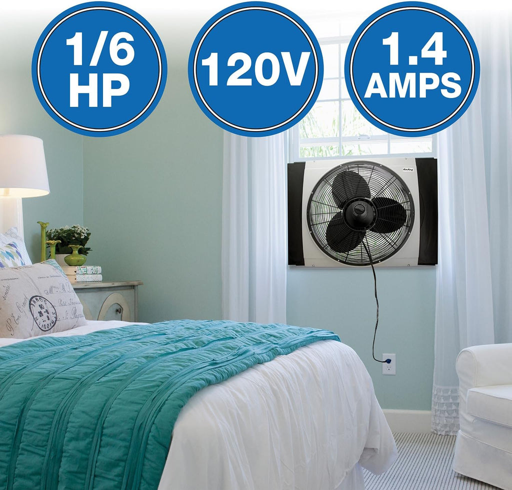 Air King 20" 1/6 HP Whole House Window Fan with 3-Speeds and Storm Guards for Circulation and Exhausting Air, 9166, Black