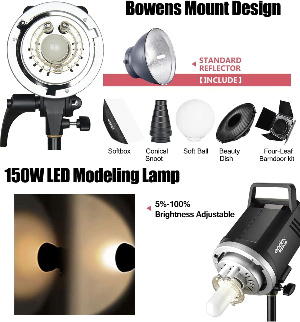2pcs Godox MS300 600W Studio Strobe Flash Kit Bowens Mount Lighting,2.4G Wireless GN58 5600K Monolight with 150W Modeling Lamp,RT-16 Flash Trigger,Light Stands,Softbox,Umbrellas,Reflectors