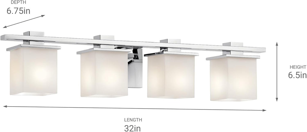 Kichler Tully 32" Vanity Light in Chrome, 4-Light Modern Bathroom Light with Satin Etched Cased Opal Glass, (32" W x 6.5" H), 45152CH