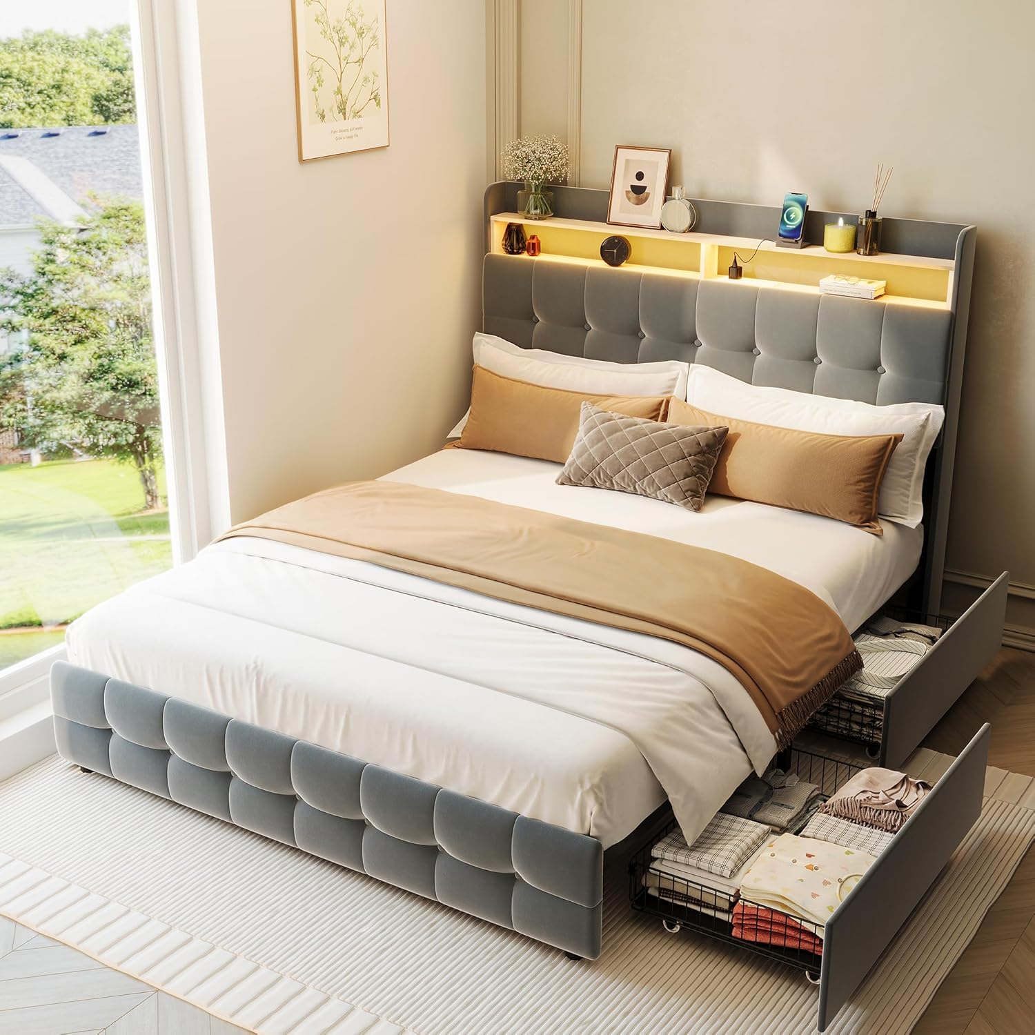 IDEALHOUSE Queen Size Upholstered Bed Frame Fabric with Storage Drawers and LED Lights, Headboard and Frame for Cozy Bedroom Sets Upgrades