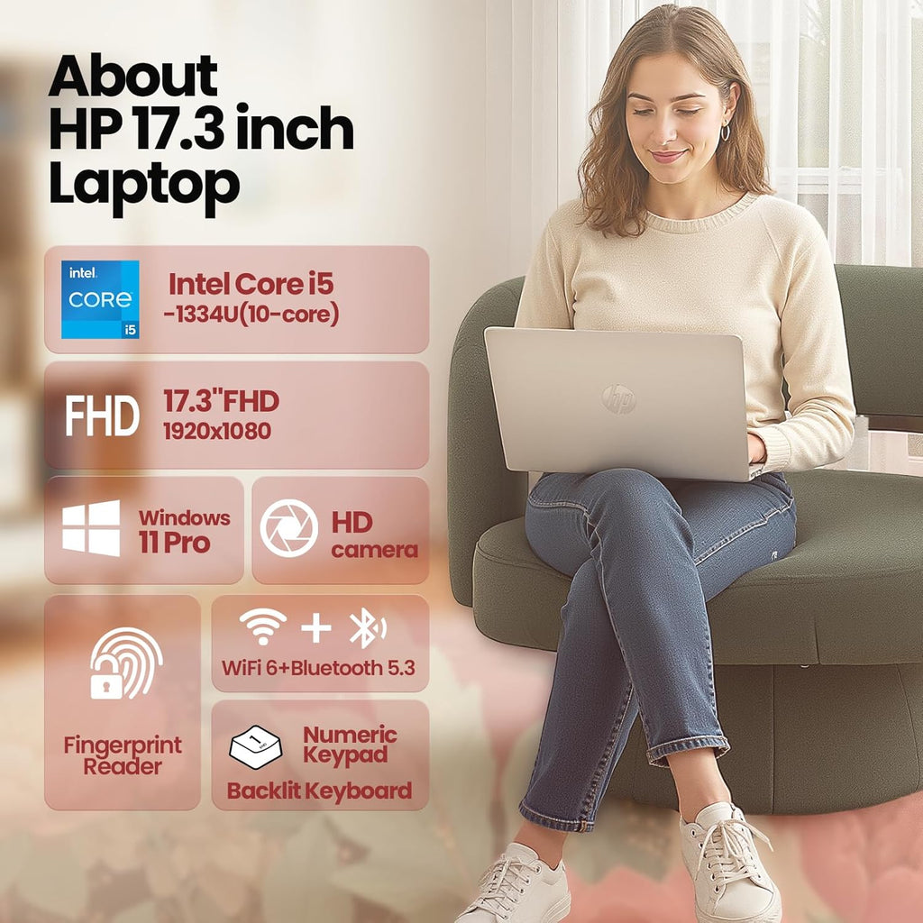 HP 17.3-inch Business Laptop 2026, Intel 10-Core i5-1334U, 12GB RAM, 512GB SSD, 17.3" FHD Anti-Glare Display, Backlit Keyboard, Fingerprint Reader, Wi-Fi 6, Windows 11 Pro, Business & Student Notebook
