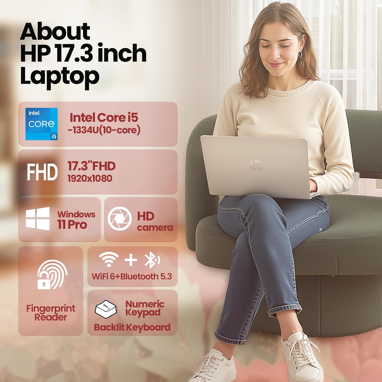 HP 17.3-inch Business Laptop 2026, Intel 10-Core i5-1334U, 12GB RAM, 512GB SSD, 17.3" FHD Anti-Glare Display, Backlit Keyboard, Fingerprint Reader, Wi-Fi 6, Windows 11 Pro, Business & Student Notebook