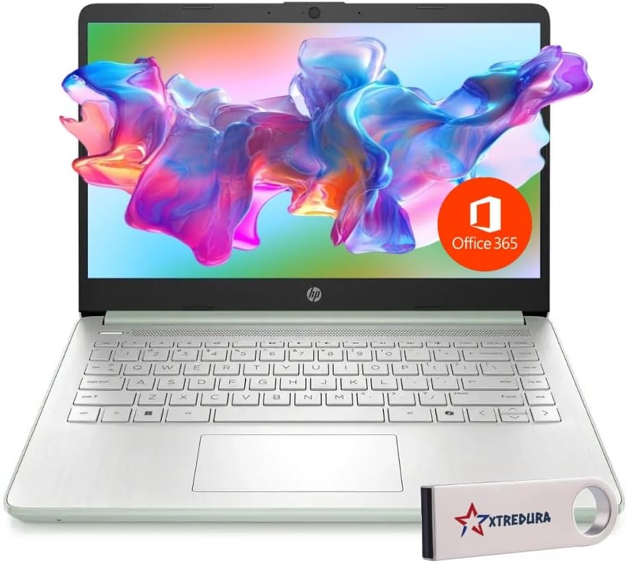 HP 14 Laptop Ultra Thin & Light, Intel N150 Quad-Core Processor, 8G RAM, 128GB SSD, HDMI, USB-C, WiFi 6, SD Card Reader, Microsoft Office 365 Included, Windows 11, Green, XtreDura Accessories
