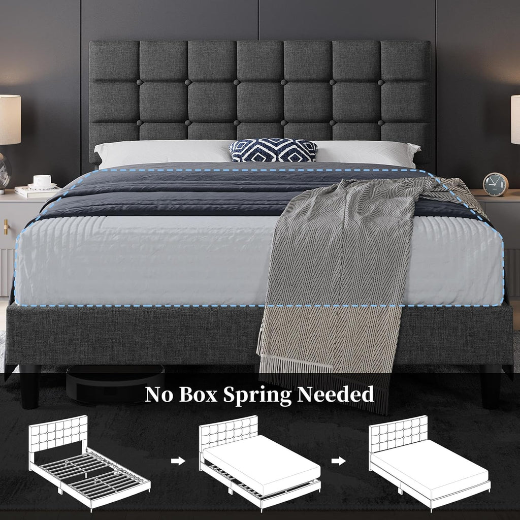 Yaheetech Upholstered Bed Frame, Modern Queen Bed Platform with Square Stitched&Button Tufting Headboard Height Adjustable, Wooden Slats Support, No Box Spring Needed, Queen Size, Dark Grey