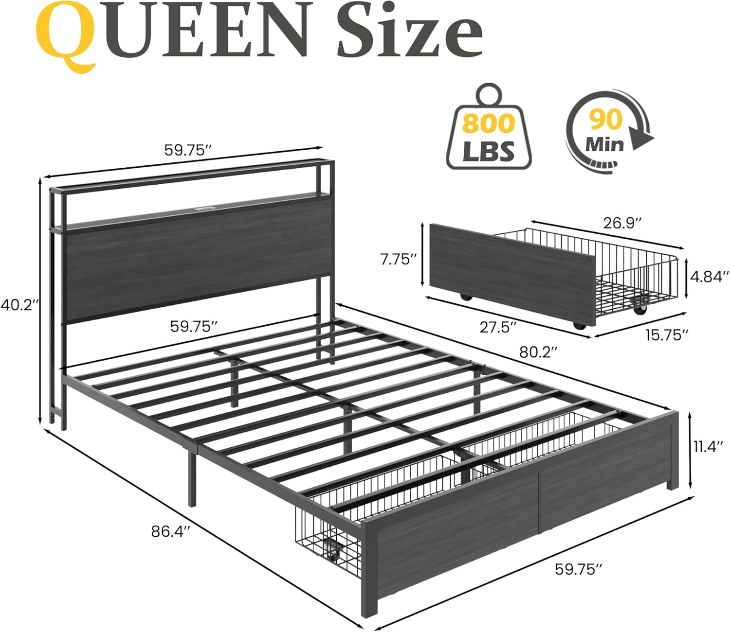 Lifezone Queen Bed Frame with 2-Tier Storage Headboard, Bedroom Metal Bed Frame with 2 Storage Drawers & Fast-Charging Station & LED, Noise-Free, No Box Spring Needed, Easy Assembly, Rustic Grey