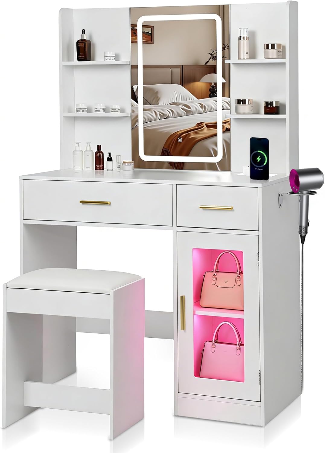 White LED Vanity Table with Three-Color Adjustable Light HD Mirror, USB Charging Port,Leather Stool, Double-Layer Acrylic Cabinet with Ambient Lighting,and Makeup Table with Drawer Storage