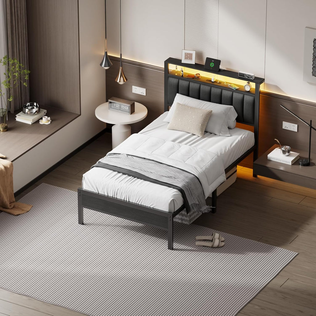 Furnulem Twin Size Bed Frame with Charging Station and LED Lights, Platform Bed with Metal Slats, Grey Upholstered Headboard with 2-Tier Storage Shelves, No Box Spring Needed