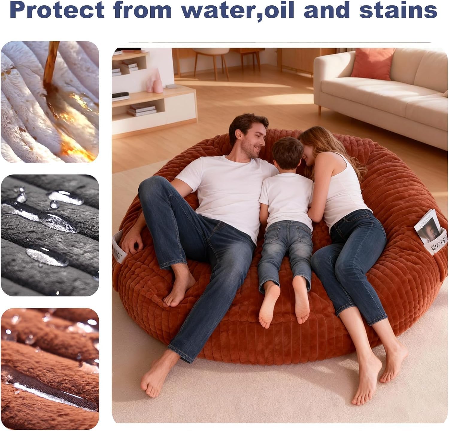 The BigOne Beanbag Family Giant Round Bean Bag Chair-Spacious Comfort Bean Bags Bed for Families, Premium Materials, Perfect for Living Room or Entertainment Room-Cover-Stripe Fur-Brown