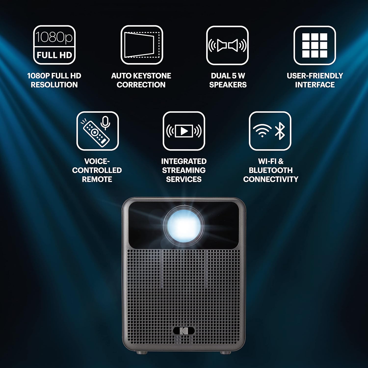 KODAK FLIK HD10 Smart Projector - 1080p Full HD, 200 ANSI Lumens, Dual 5W Speakers - Streams Netflix & YouTube for Smart TV - Google Assistant Remote for Android TV Control - iOS & Android