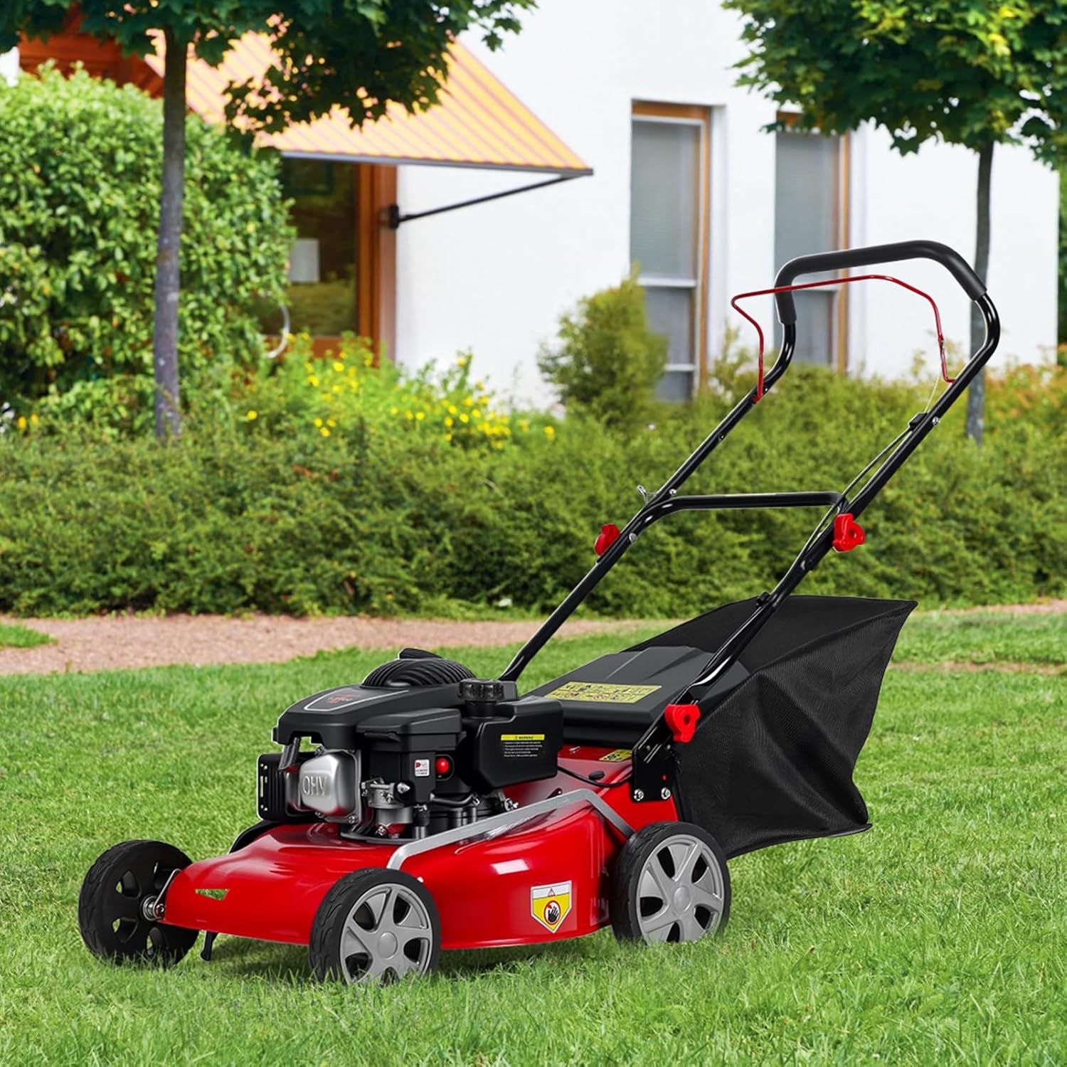 18" Lawn Mowers, 3 in 1 Self-Propelled Cordless Lawn Mower, 131cc Walk-Behind Push Gas Lawn-Mower with 50L Grass Bag, Heavy-Duty Gas Powered Lawnmower for Gardening Care Lawns Maintenance Yard Trimme