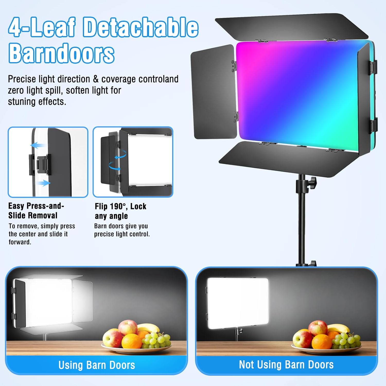 2 Pack RGB LED Video Light with Barndoor, 2500K-8500K CRI 98+ Dimmable Bi-Color LED Studio Light Panel, 12 Effects Photography Lighting Kit for Video Recording Shooting Live Streaming Podcast