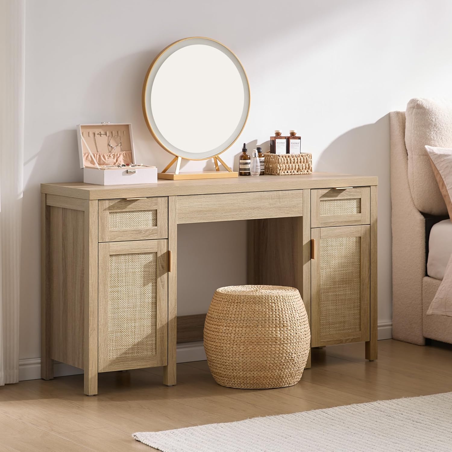 SICOTAS 52" Rattan Vanity Desk with Storage, Boho Farmhouse Makeup Dressing Table with 3 Drawers & 2 Cabinets, Wooden Home Office Desk for Bedroom, Light Oak