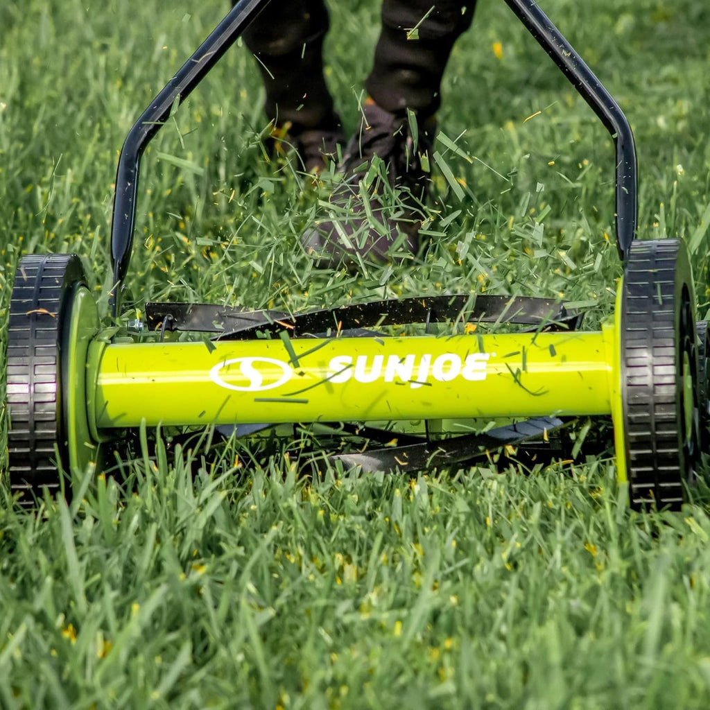 Sun Joe Manual Push Reel Lawn Mower with 9 Adjustable Positions, 14-Inch Cutting Width - Heavy-Duty Yard Trimming Machine for Gardening Care and Maintenance, MJ503M