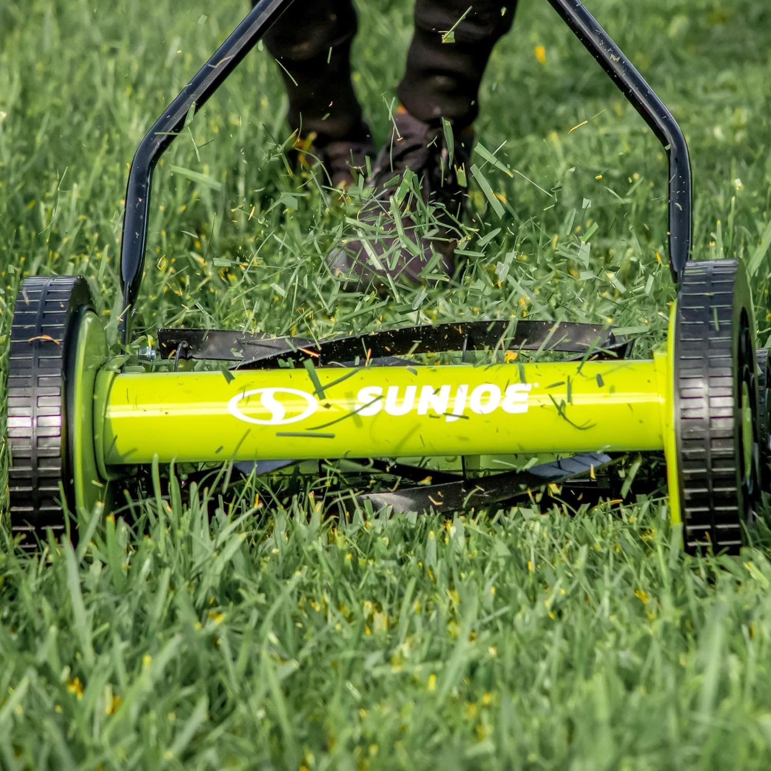 Sun Joe Manual Push Reel Lawn Mower with 9 Adjustable Positions, 14-Inch Cutting Width - Heavy-Duty Yard Trimming Machine for Gardening Care and Maintenance, MJ503M